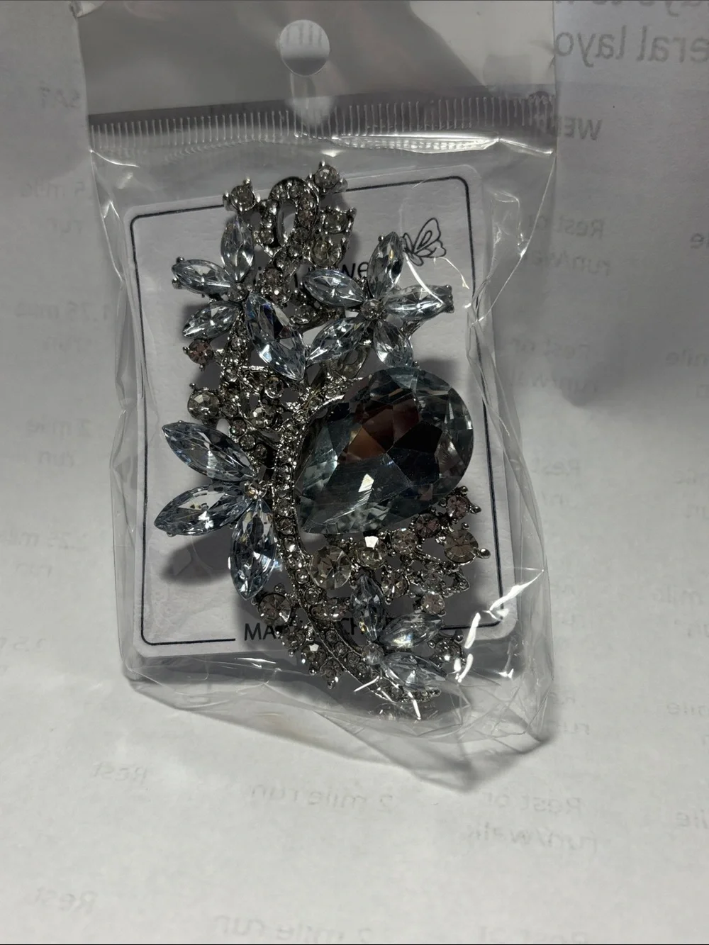 Clear Crystal Teardrop Floral Brooch - Silver Tone